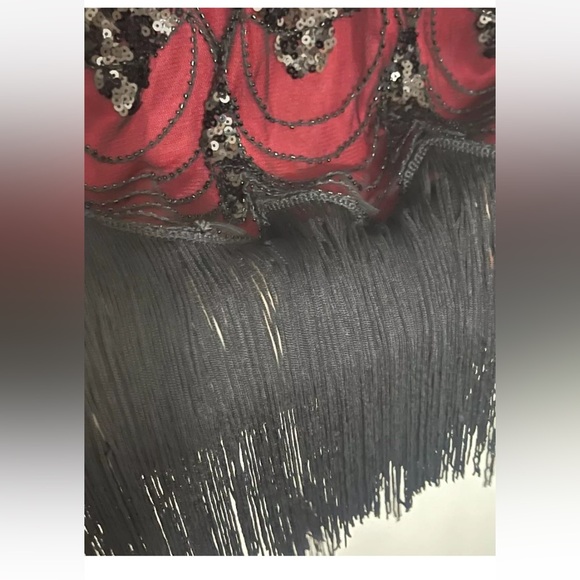 Vampy Gothic Maxi Dress- Black Mesh and Sequins over Red lining w/ Tassels LARGE - Picture 4 of 14